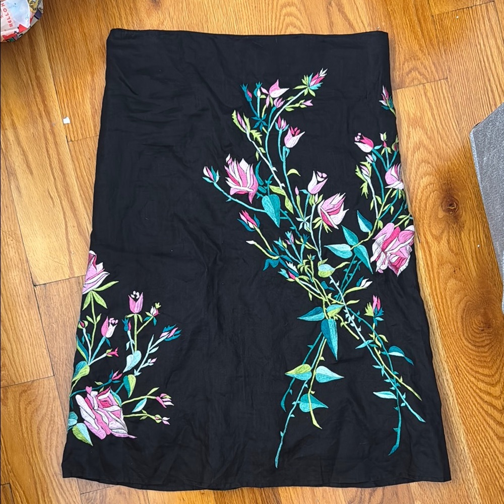 Black French Connection midi Skirt with Pink & Teal Floral Embroidery